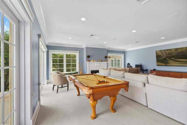 Billiard Table, Fireplace, Game Room, Interior, Living room, Recessed Lighting