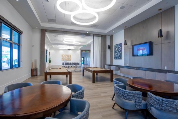 Billiard Table, Game Room, Interior, Pendant Lights, Recessed Lighting, Wood Texture Flooring