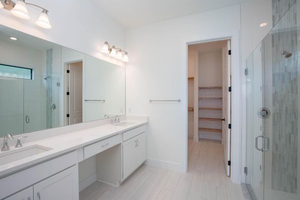 Bathroom, Dual Sink Vanities, Glass Shower, Interior, Wood Texture Flooring