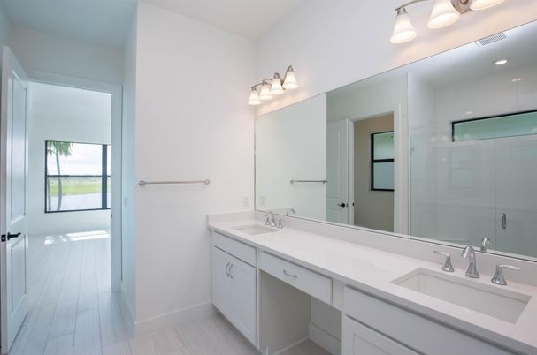 Bathroom, Dual Sink Vanities, Interior, Recessed Lighting, Wood Texture Flooring