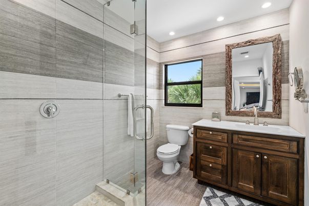Bathroom, Glass Shower, Interior, Recessed Lighting