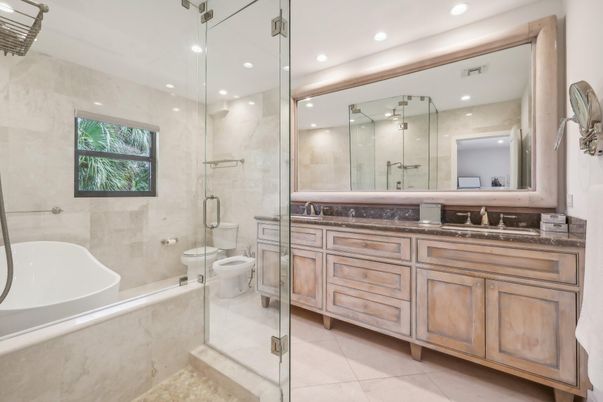 Bathroom, Dual Sink Vanities, Glass Shower, Interior, Recessed Lighting
