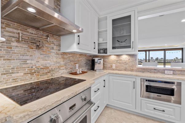 Interior, Kitchen, Recessed Lighting, Stainless Steel Appliances, Stone Walls