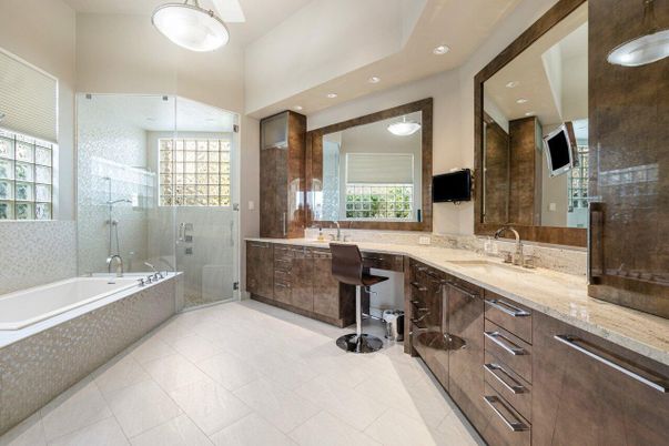 Bathroom, Dual Sink Vanities, Glass Shower, Interior, Recessed Lighting
