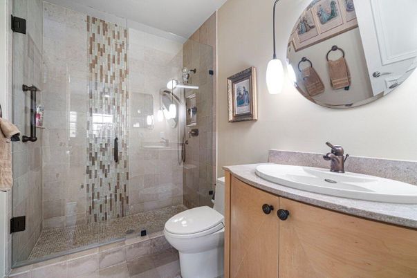 Bathroom, Glass Shower, Interior, Pendant Lights