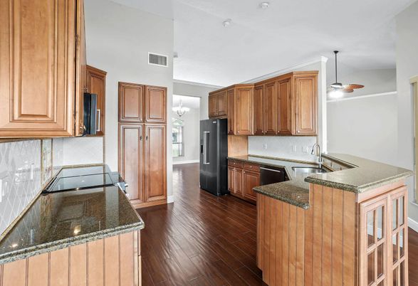 Chandelier, Interior, Kitchen, Pendant Lights, Wood Texture Flooring