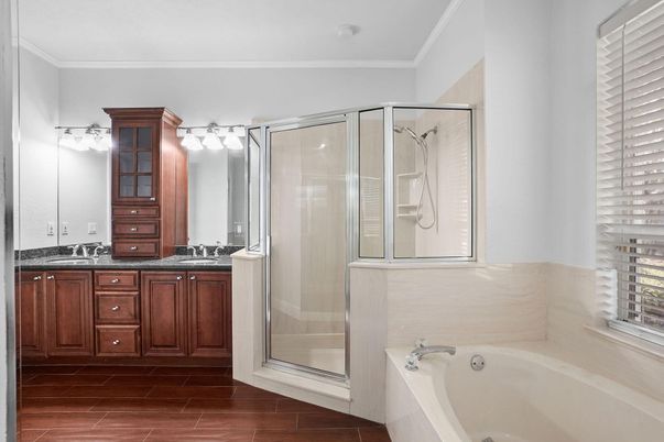 Bathroom, Glass Shower, Interior, Wood Texture Flooring