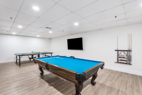 Billiard Table, Game Room, Interior, Recessed Lighting, Wood Texture Flooring
