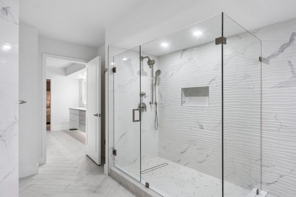 Bathroom, Glass Shower, Interior, Marble Walls, Recessed Lighting, Wood Texture Flooring