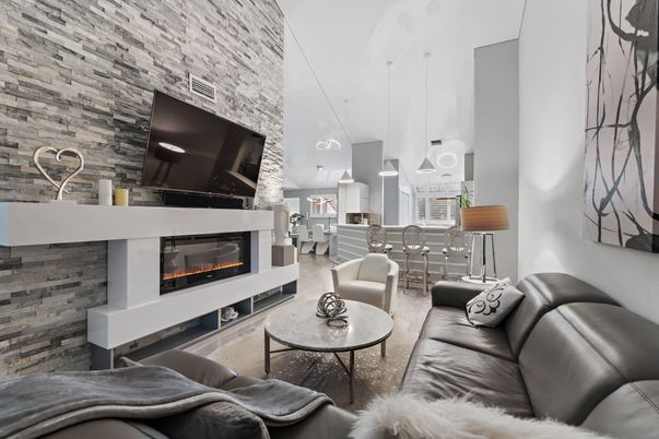 Fireplace, Interior, Kitchen, Living room, Pendant Lights, Stone Walls