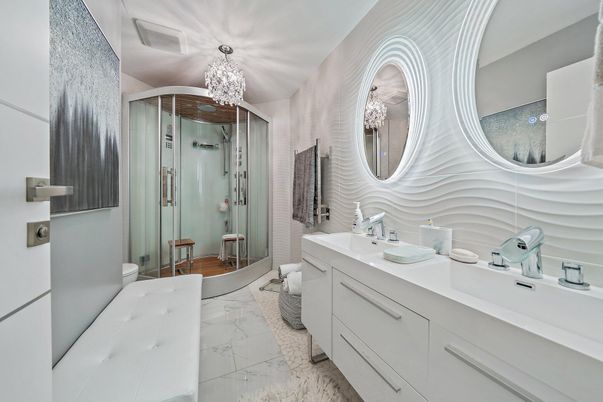 Bathroom, Chandelier, Dual Sink Vanities, Glass Shower, Interior, Marble
