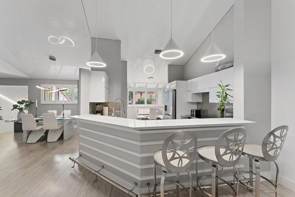 Dining room, Interior, Kitchen, Pendant Lights, Wood Texture Flooring
