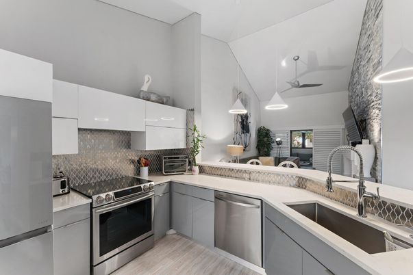 Interior, Kitchen, Pendant Lights, Stainless Steel Appliances, Wood Texture Flooring
