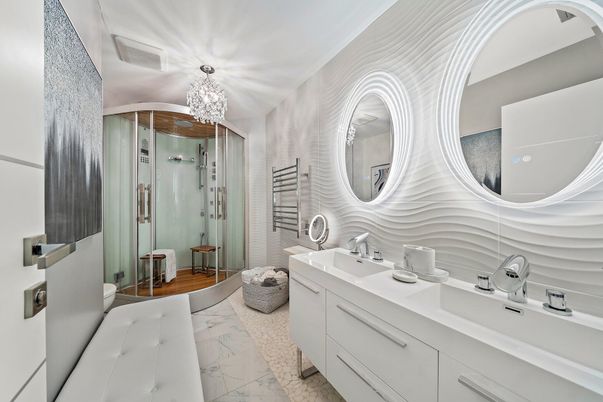 Bathroom, Chandelier, Dual Sink Vanities, Glass Shower, Interior, Marble