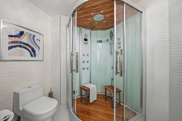 Bathroom, Glass Shower, Interior, Wood Texture Flooring