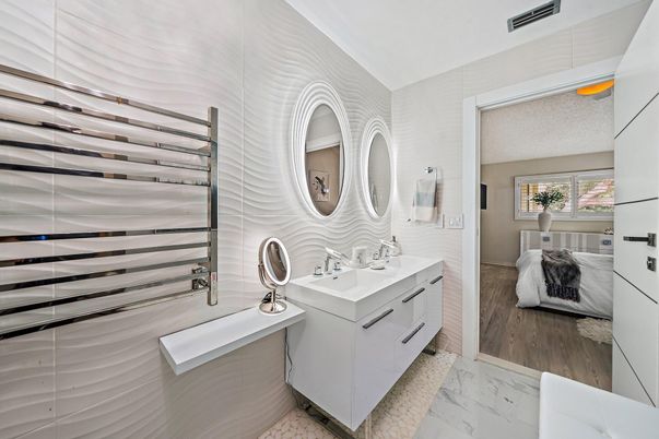 Bathroom, Dual Sink Vanities, Interior, Marble, Wood Texture Flooring