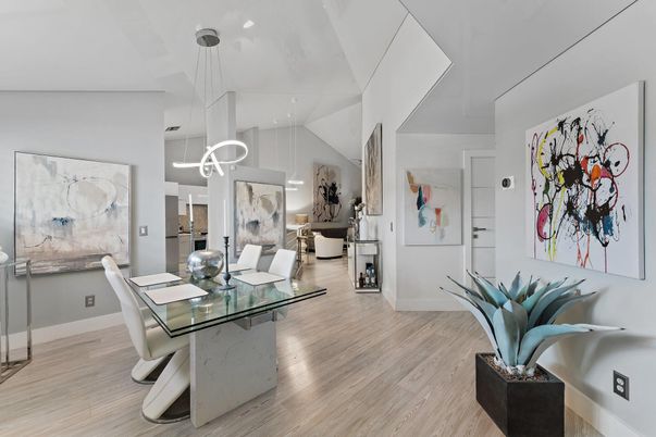 Dining room, Interior, Living room, Pendant Lights, Wood Texture Flooring