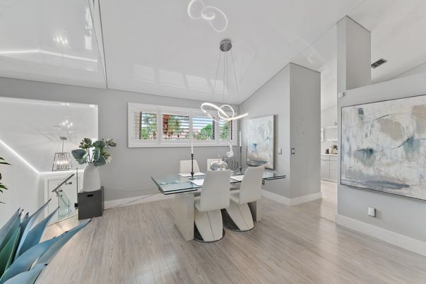 Dining room, Interior, Pendant Lights, Recessed Lighting, Wood Texture Flooring
