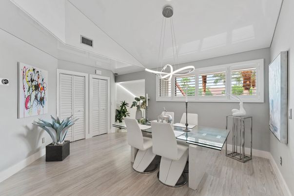 Dining room, Interior, Pendant Lights, Wood Texture Flooring