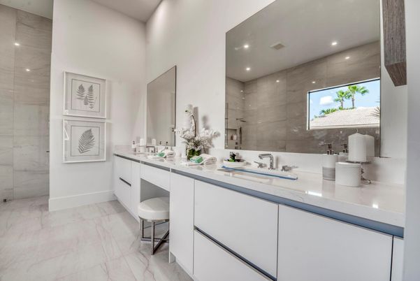 Bathroom, Dual Sink Vanities, Interior, Marble, Marble Walls, Recessed Lighting