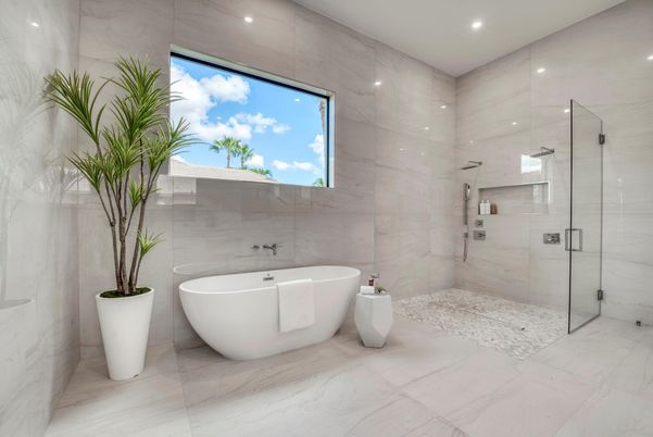 Bathroom, Free Standing Baths, Glass Shower, Interior, Marble, Marble Walls, Recessed Lighting