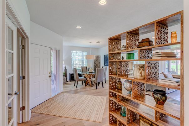 Dining room, Interior, Pendant Lights, Recessed Lighting, Wood Texture Flooring