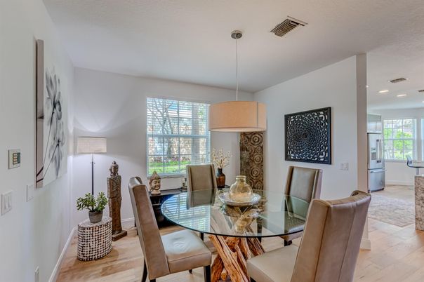 Dining room, Interior, Pendant Lights, Recessed Lighting, Wood Texture Flooring