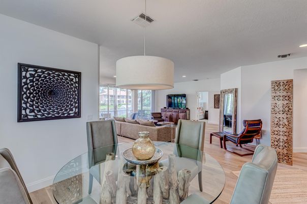 Dining room, Interior, Living room, Pendant Lights, Recessed Lighting, Wood Texture Flooring