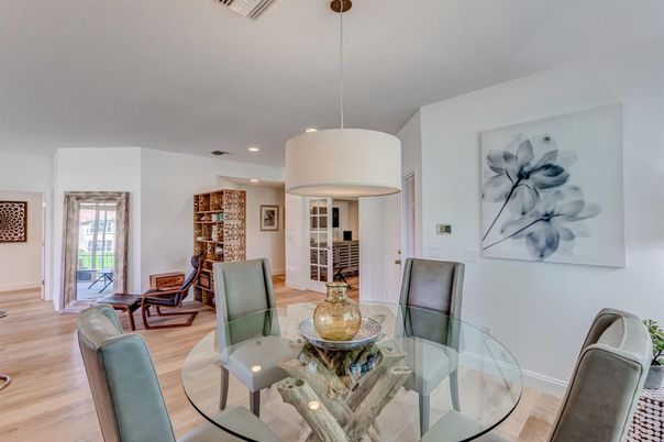 Dining room, Interior, Pendant Lights, Recessed Lighting, Wood Texture Flooring