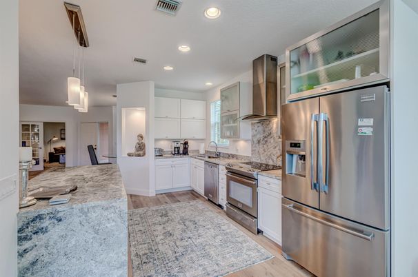Interior, Kitchen, Pendant Lights, Recessed Lighting, Stainless Steel Appliances, Wood Texture Flooring