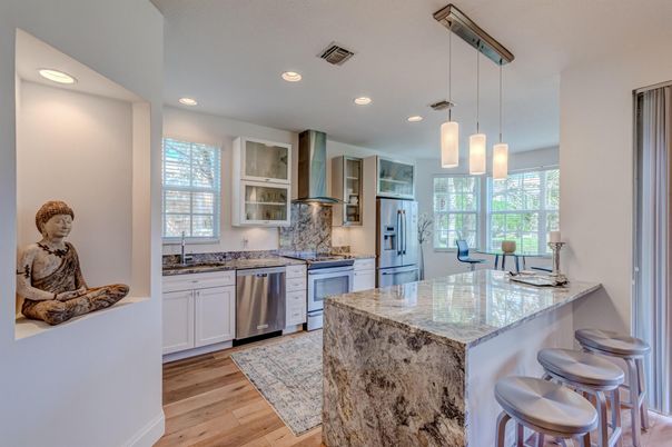 Interior, Kitchen, Pendant Lights, Recessed Lighting, Stainless Steel Appliances, Wood Texture Flooring