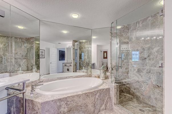 Bathroom, Dual Sink Vanities, Glass Shower, Interior, Recessed Lighting