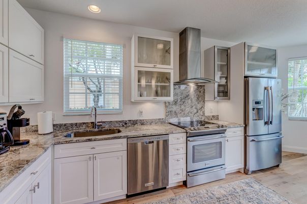 Interior, Kitchen, Recessed Lighting, Stainless Steel Appliances, Wood Texture Flooring