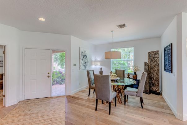 Dining room, Interior, Pendant Lights, Recessed Lighting, Wood Texture Flooring