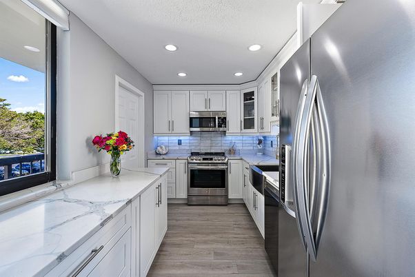 Interior, Kitchen, Recessed Lighting, Stainless Steel Appliances, Wood Texture Flooring