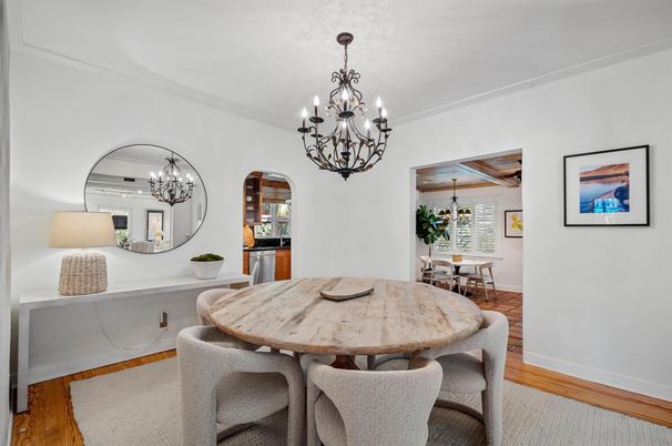 Chandelier, Dining room, Interior, Wood Texture Flooring