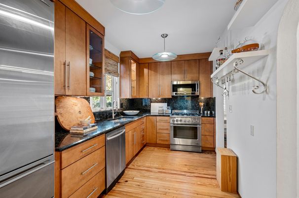 Interior, Kitchen, Pendant Lights, Stainless Steel Appliances, Wood Texture Flooring