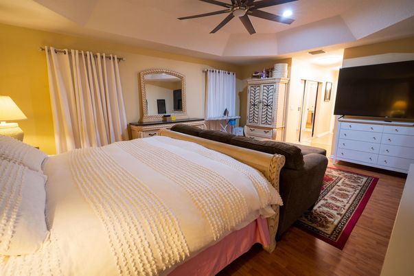 Bedroom, Interior, Recessed Lighting, Wood Texture Flooring
