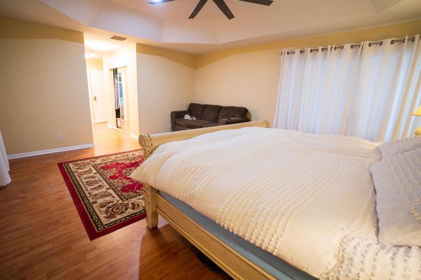 Bedroom, Interior, Recessed Lighting, Wood Texture Flooring