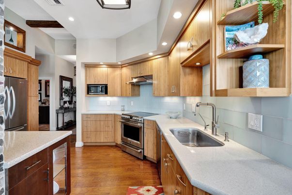 Interior, Kitchen, Recessed Lighting, Stainless Steel Appliances, Wood Texture Flooring