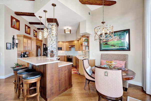 Chandelier, Dining room, Interior, Kitchen, Pendant Lights, Recessed Lighting, Stainless Steel Appliances, Wood Texture Flooring