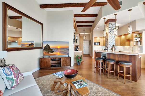 Interior, Kitchen, Living room, Pendant Lights, Recessed Lighting, Stainless Steel Appliances, Wooden Beams, Wood Texture Flooring