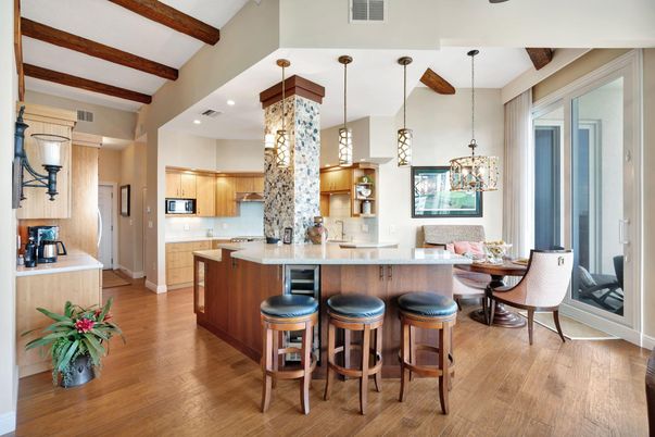Dining room, Interior, Kitchen, Pendant Lights, Recessed Lighting, Wooden Beams, Wood Texture Flooring