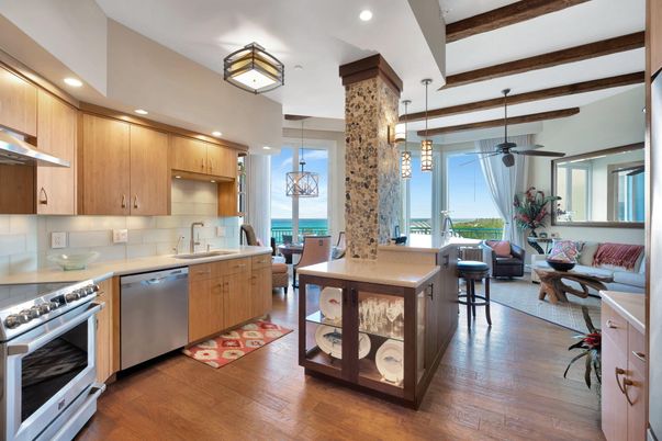 Interior, Kitchen, Living room, Pendant Lights, Recessed Lighting, Stainless Steel Appliances, Water, Wood Texture Flooring