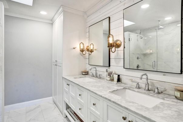 Bathroom, Dual Sink Vanities, Glass Shower, Interior, Marble, Marble Walls, Recessed Lighting