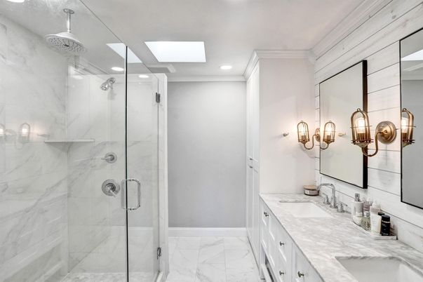 Bathroom, Dual Sink Vanities, Glass Shower, Interior, Marble, Marble Walls, Recessed Lighting