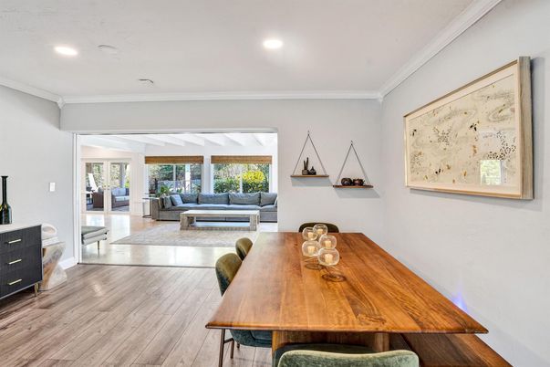 Dining room, Interior, Living room, Recessed Lighting, Wood Texture Flooring