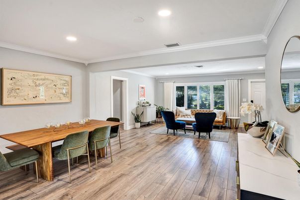Dining room, Interior, Living room, Recessed Lighting, Wood Texture Flooring