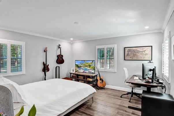 Bedroom, Home Office, Interior, Recessed Lighting, Wood Texture Flooring