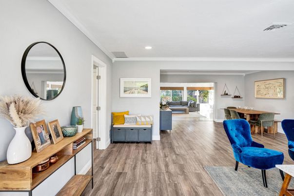 Dining room, Interior, Living room, Recessed Lighting, Wood Texture Flooring